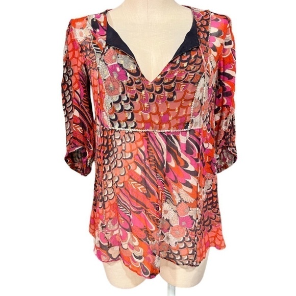 Monsoon Silk Multi Pattern Colorful Blouse with Ties - Picture 5 of 14